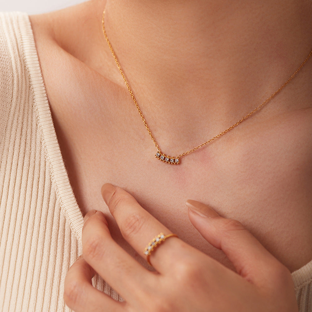 Hong Kong Style Retro Simple Necklace Titanium Steel No Fading 18K Gold Inlaid Zircon Pendant Ornaments