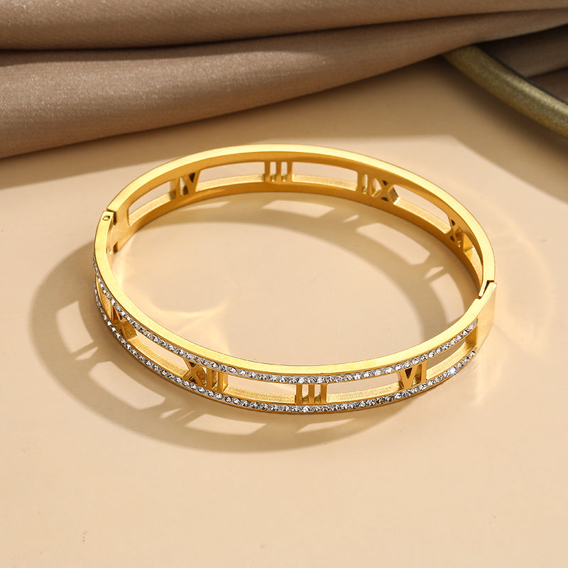 Titanium Steel Electroplated 18K Real Gold Roman Numerals Bracelet