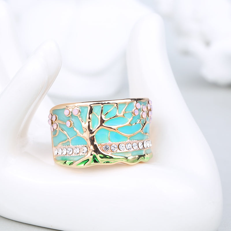 Multicolor Flower Tree Wide Enamel Crystal Women's Fashion Ring