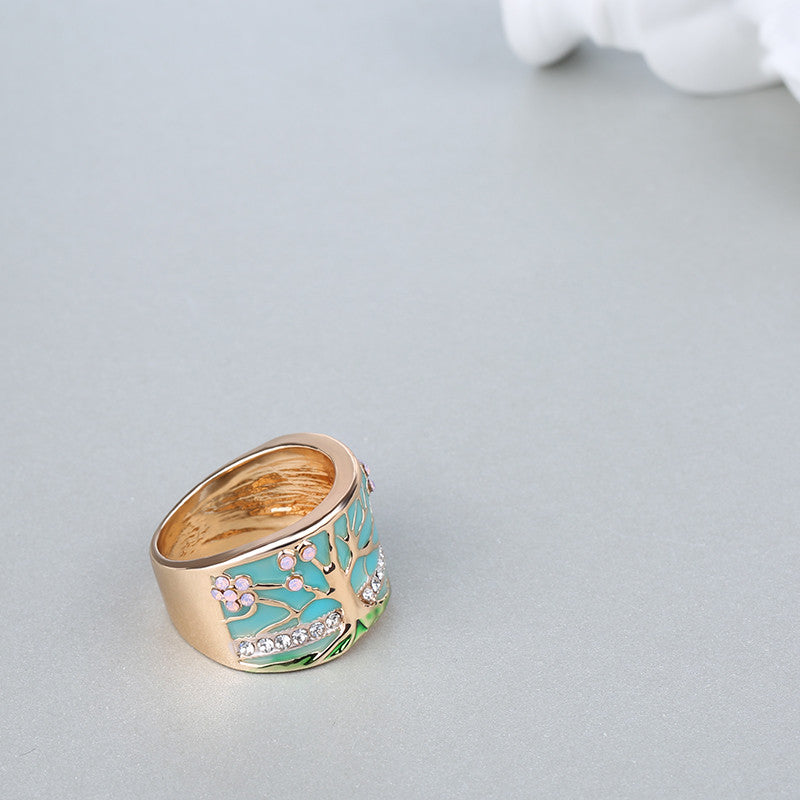 Multicolor Flower Tree Wide Enamel Crystal Women's Fashion Ring