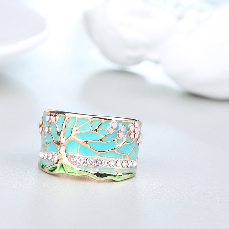 Multicolor Flower Tree Wide Enamel Crystal Women's Fashion Ring