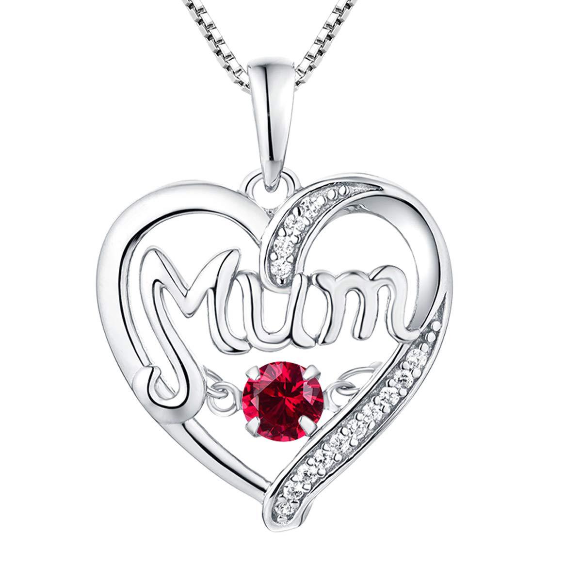 Sterling Silver Heart Mum Necklace with Birthstone Pendant