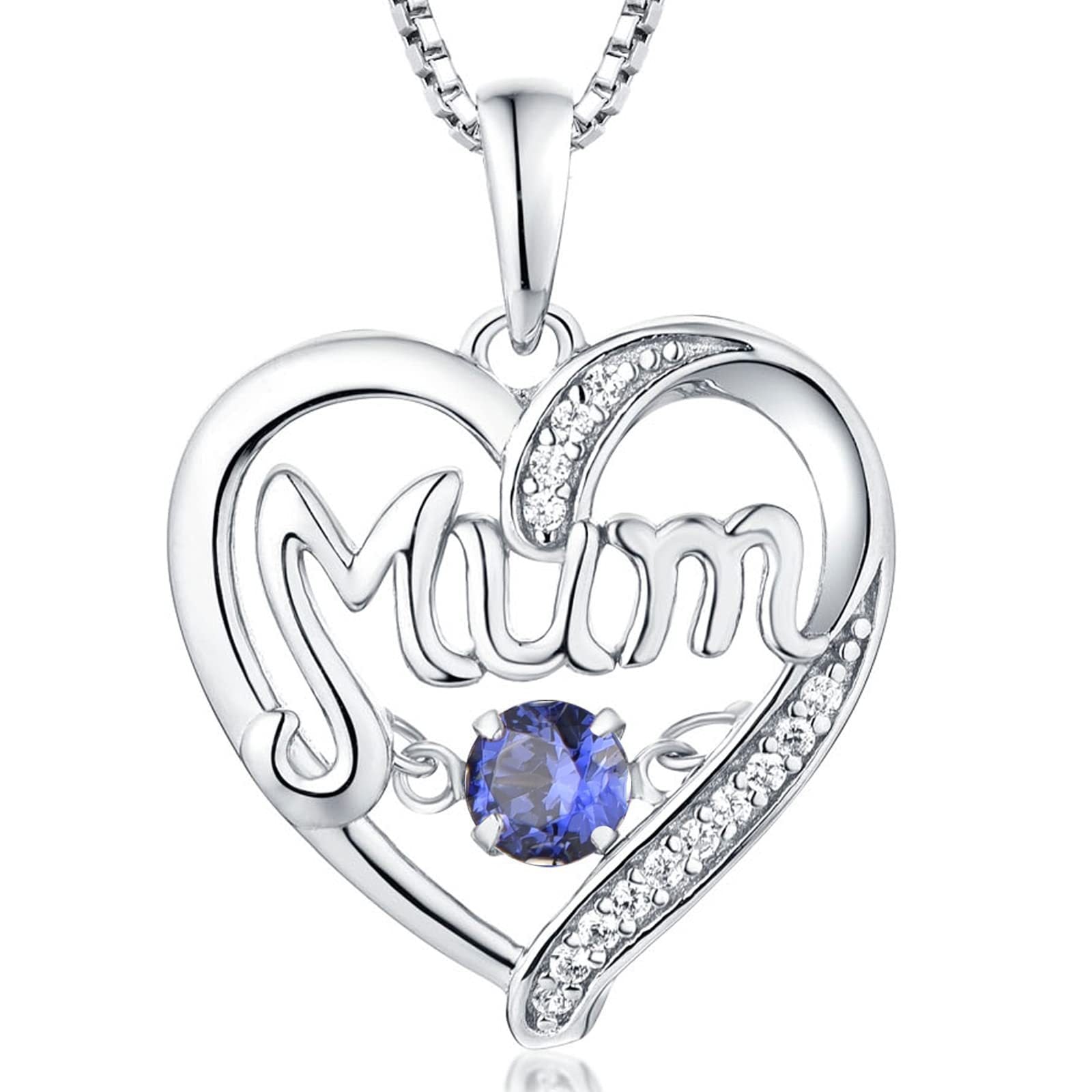 Sterling Silver Heart Mum Necklace with Birthstone Pendant