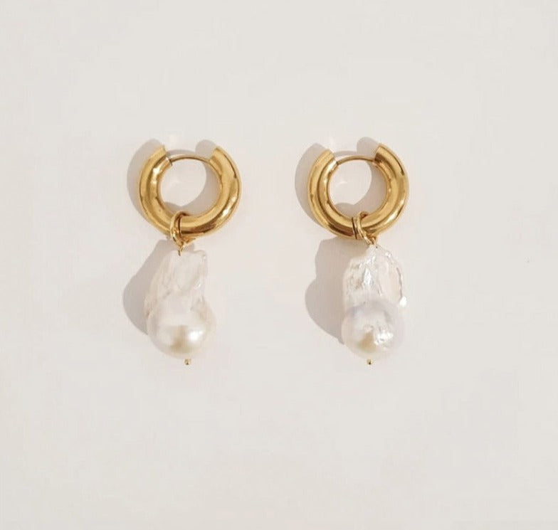 Unique Women's Earrings: Gold Plated Baroque Pearl Huggie Earrings