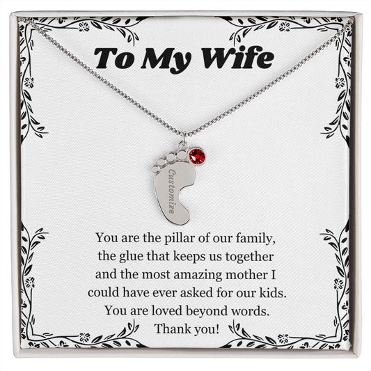 Engraved Baby Feet Necklace with Birthstone, To My Wife