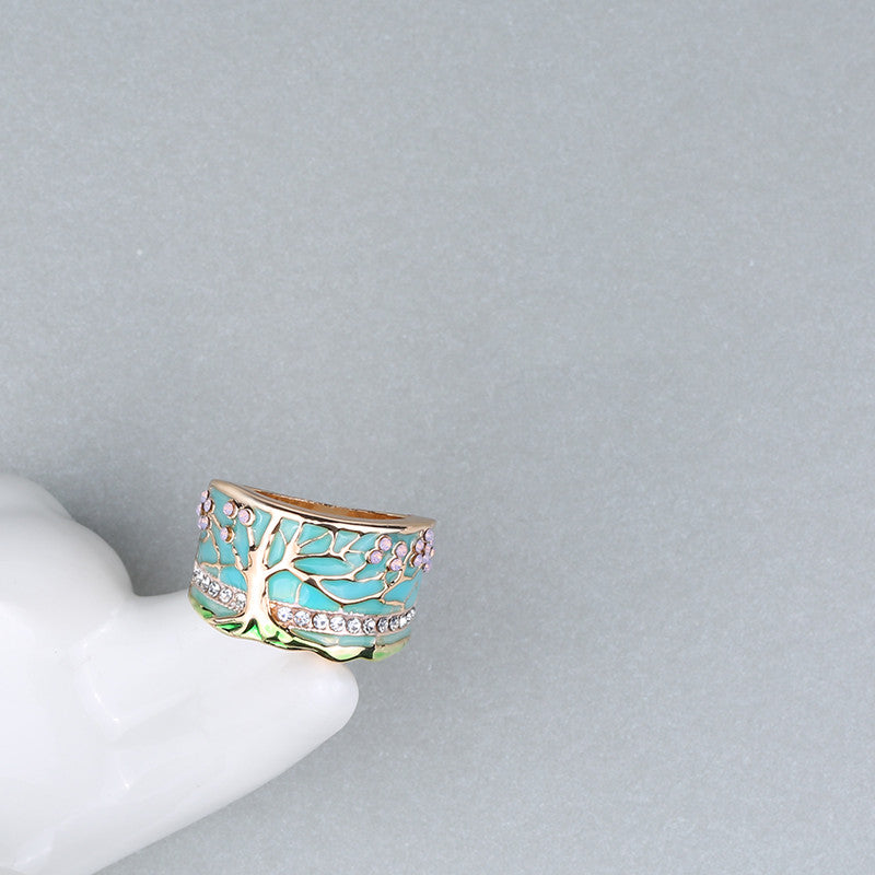 Multicolor Flower Tree Wide Enamel Crystal Women's Fashion Ring