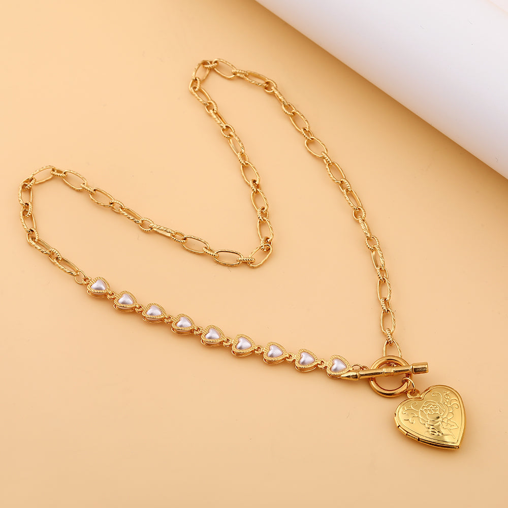 Heart Pendant Necklace with Handmade Pearl Chain