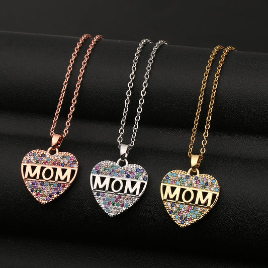 Colorful Mom Cubic Zirconia Heart Pendant Necklace