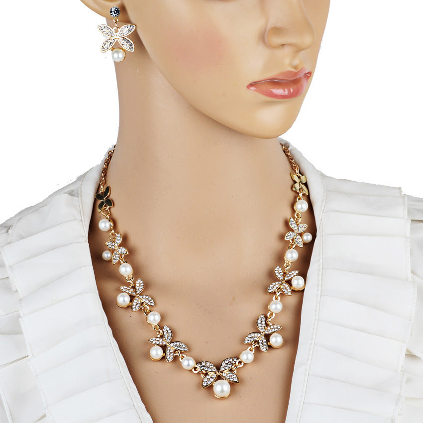 Pearl Butterfly Necklace and Earring Jewelry Set