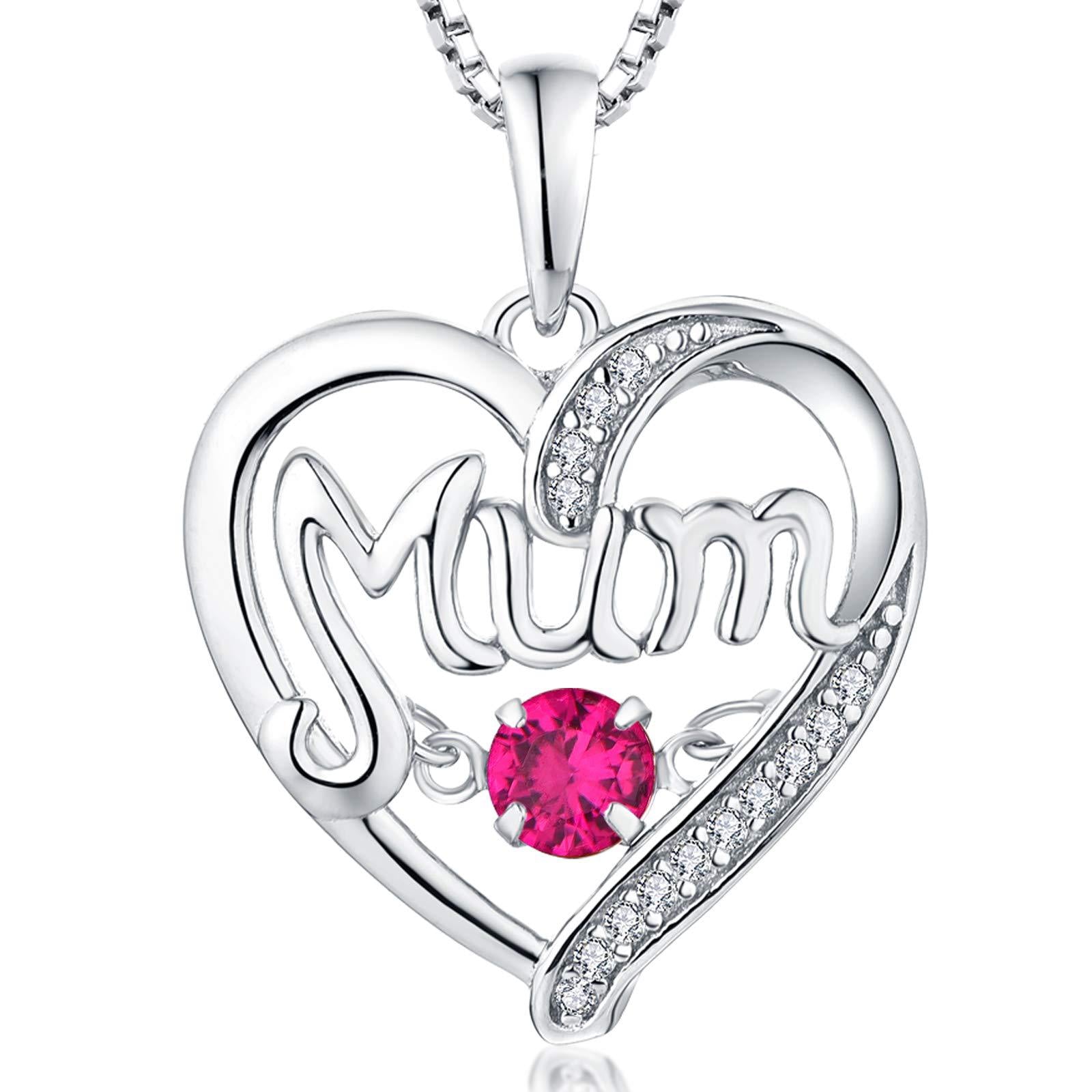 Sterling Silver Heart Mum Necklace with Birthstone Pendant