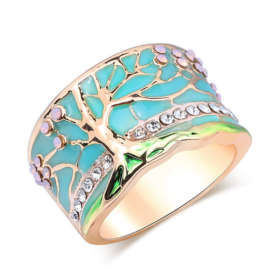 Multicolor Flower Tree Wide Enamel Crystal Women's Fashion Ring
