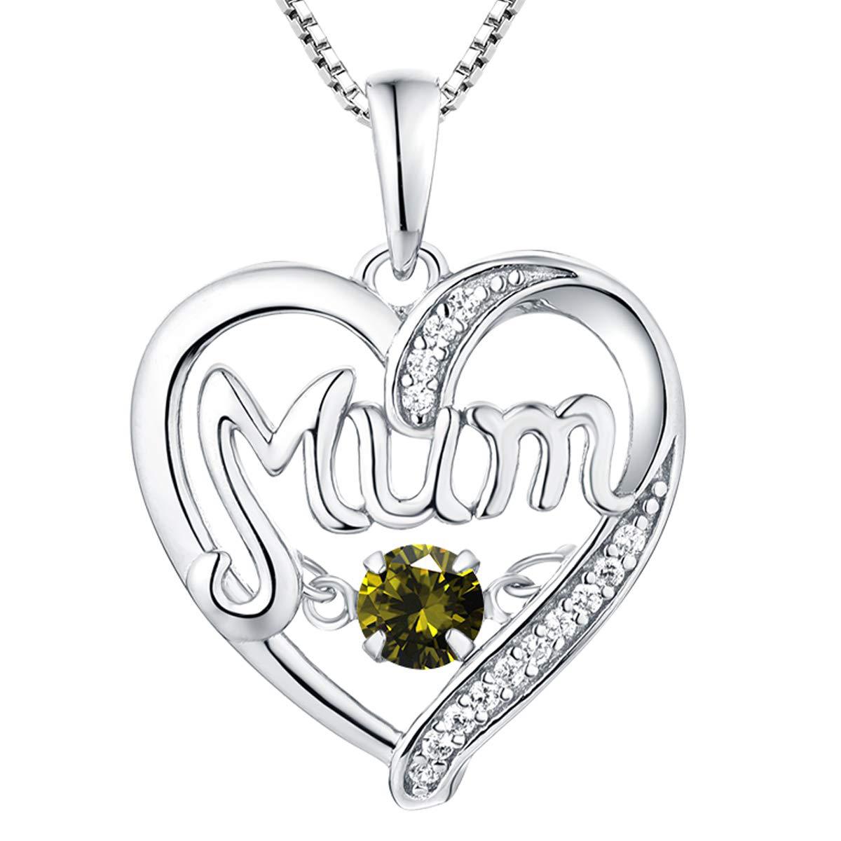 Sterling Silver Heart Mum Necklace with Birthstone Pendant