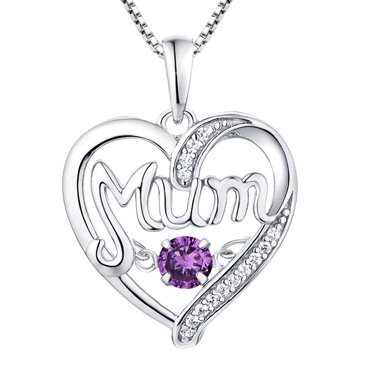 Sterling Silver Heart Mum Necklace with Birthstone Pendant