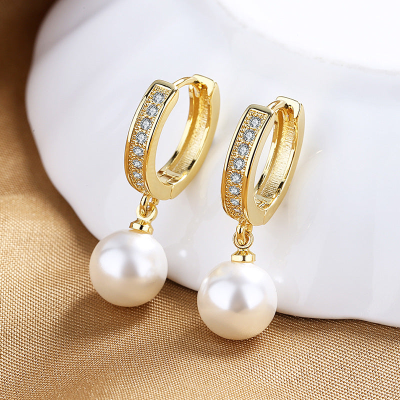 Fashion Pearl and Zircon Huggie Dangling Earrings