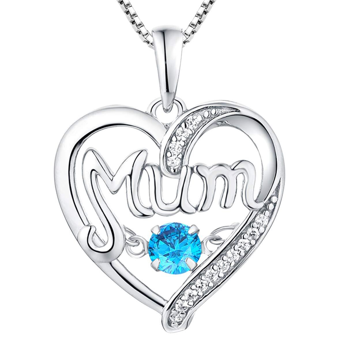 Sterling Silver Heart Mum Necklace with Birthstone Pendant